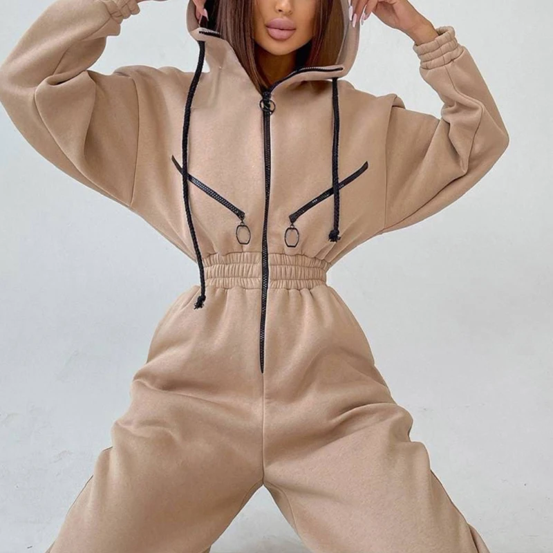 Women Casual Solid Sets For Women Zipper Drawstring Warm Hoodie Sweatshirts And Long Pant Fashion Jumpsuit Tracksuit Ladies