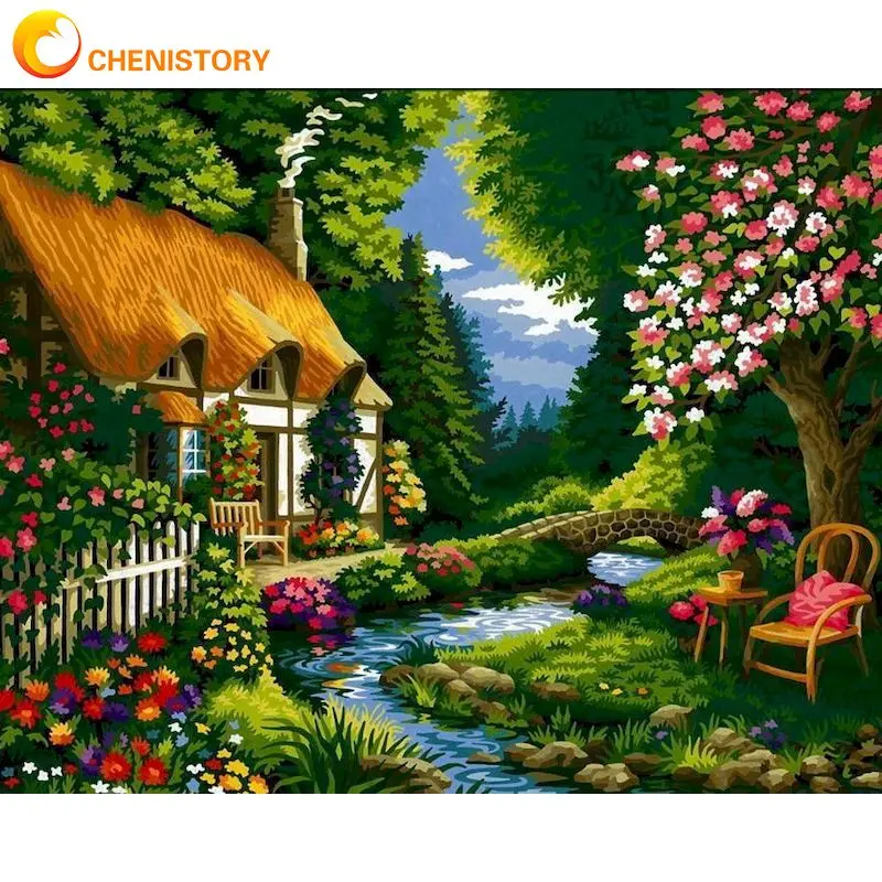 

CHENISTORY Oil Painting By Numbers Paint Kit Coloring By Numbers Countryside Cabins Canvas Painting For Adults Gift Handmade