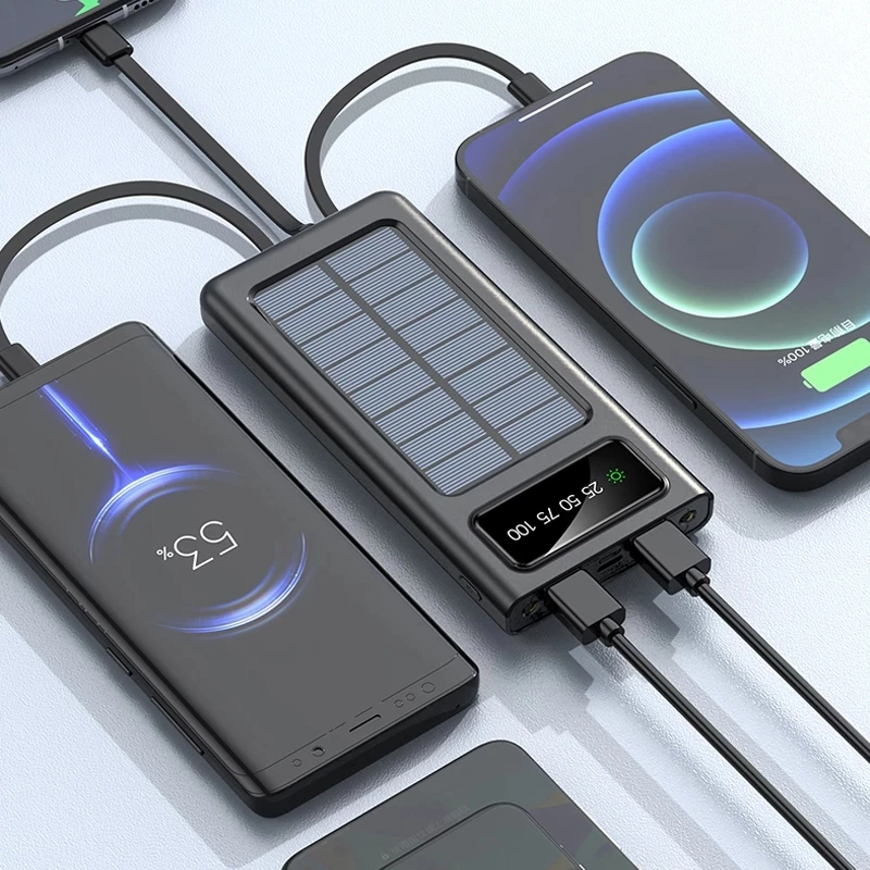 Top Solar Power Bank Встроенные кабели 50000 мАч Солнечное зарядное устройство 2 USB-порта