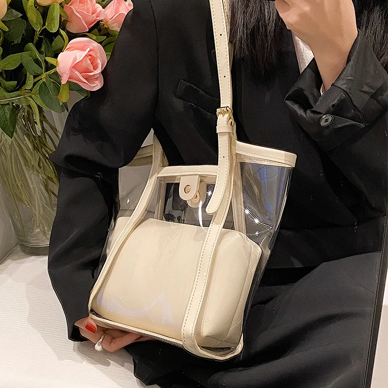 Fashion Transparent Pvc Handbags for Women Soft Pu Leather Bag Summer Beach Composite Bags Bucket Purses tote bag Shopping bag