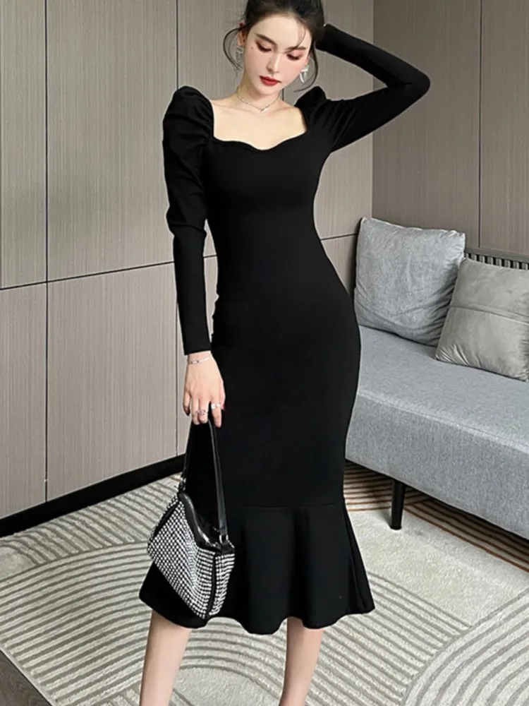 

Женское облегающее платье-Русалка средней длины, элегантное черное платье с оборками и длинным рукавом, вечерние нее платье во французском ...