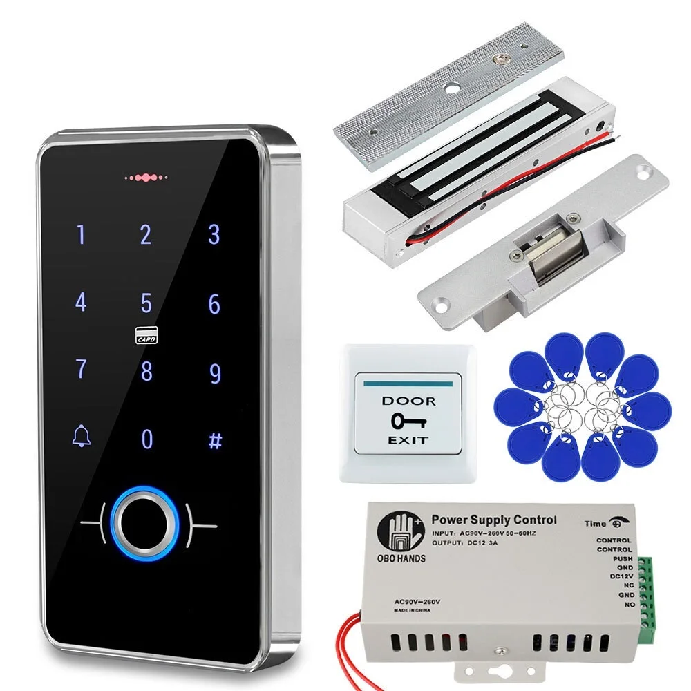 

2023 IP68 Waterproof Door Access Control System Biometrics RFID Keypad + Power Supply + 180KG Electric Magnetic Strike Locks