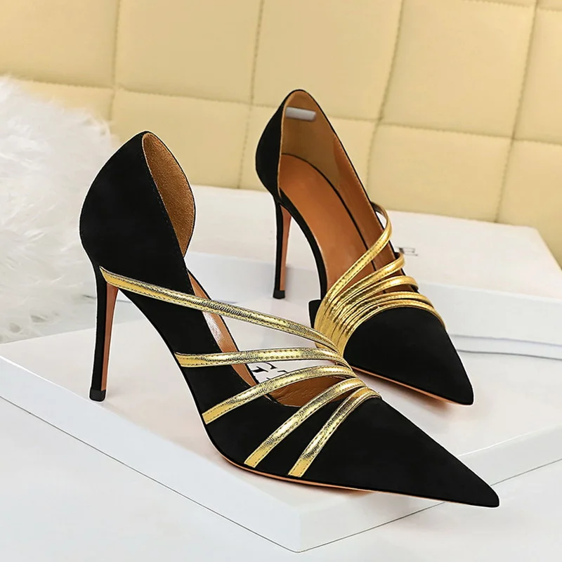 

Туфли-лодочки женские с узким ремешком, флок, высокий тонкий каблук, обувь для офиса и вечеринки, большой размер 34-43, весна-лето