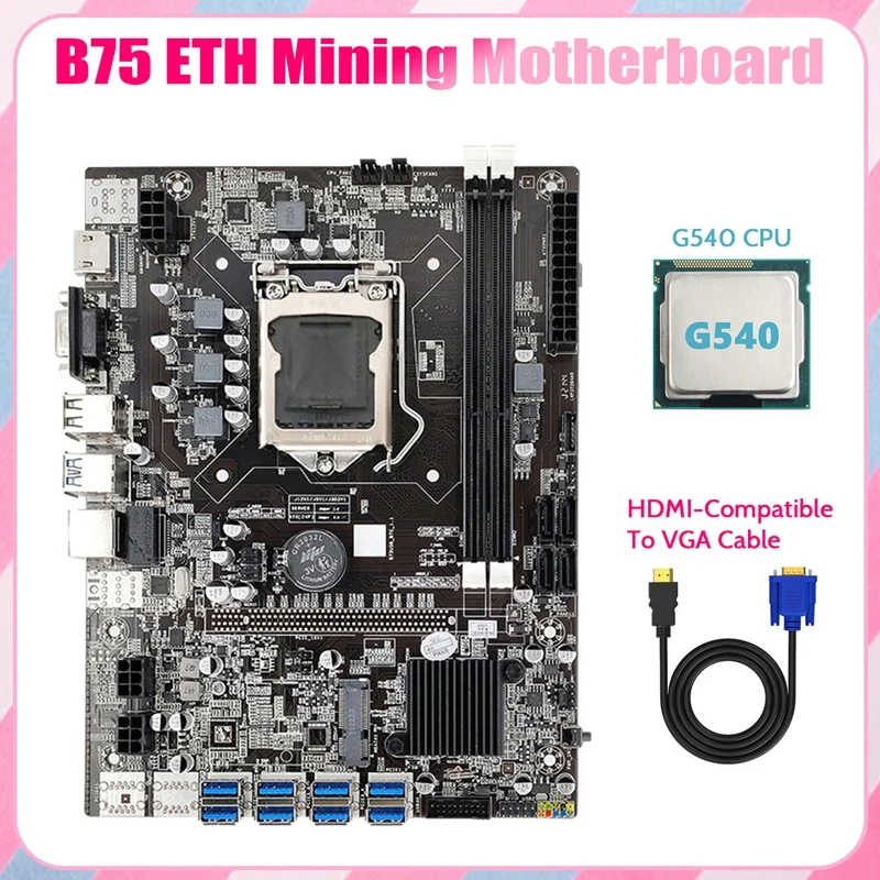 B75 ETH Mining Motherboard 8XPCIE USB Adapter+G540 CPU+HD to VGA Cable LGA1155 MSATA DDR3 B75 USB Miner Motherboard