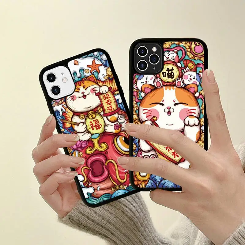 

FHNBLJ Fortune cat Phone Case Silicone PC+TPU Case for iPhone 11 12 13 Pro Max 8 7 6 Plus X SE XR Hard Fundas