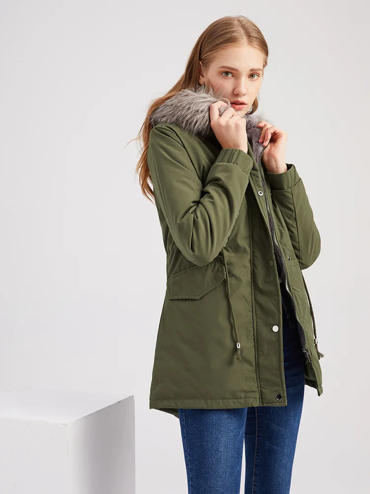 

European Size Coat Ladies Cotton Coat Lace Up Mid Length Hooded Winter Solid Color Warm Fleece Ladies Coat Keep Warm