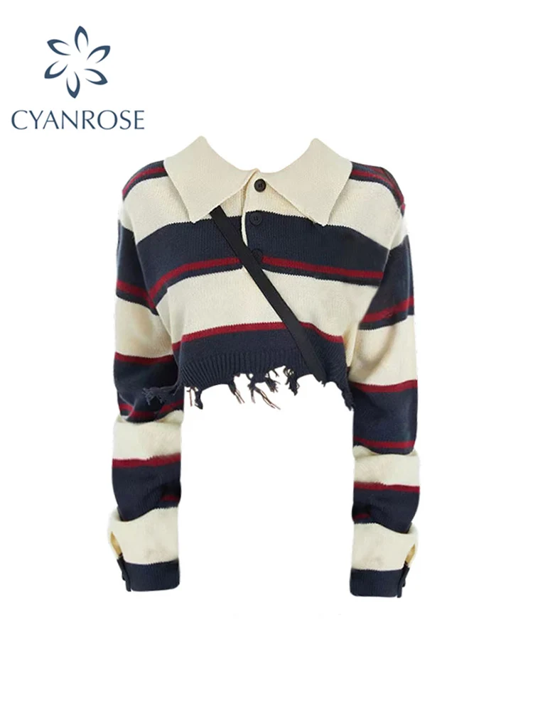 

2022 Autumn Winter Women Cropped Knit Sweater Stripe Contrast Color Vintage Polo Collar Long Sleeve Female Pullovers Chic Tops