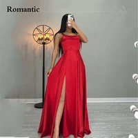 romantic simple a line satin high silt sling prom party dress for women square collar sleeveless ankle length prom dress 2022