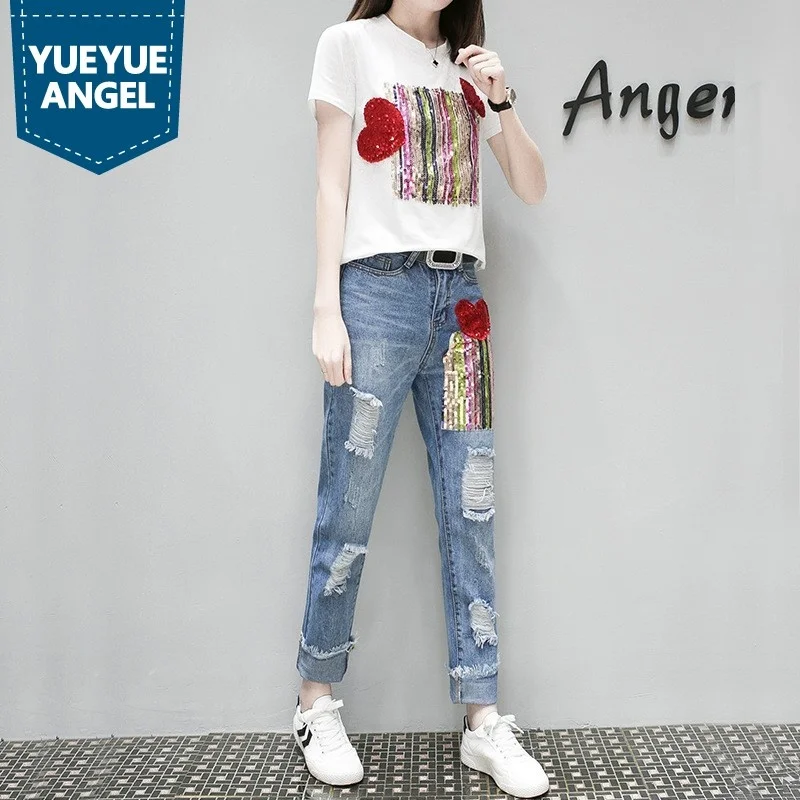

Womens Jeans Hot Fashion Sequin Straight Beading Female Full Length Distressed Hole Ripped Hip Hop Harem Denim Trousers Pants
