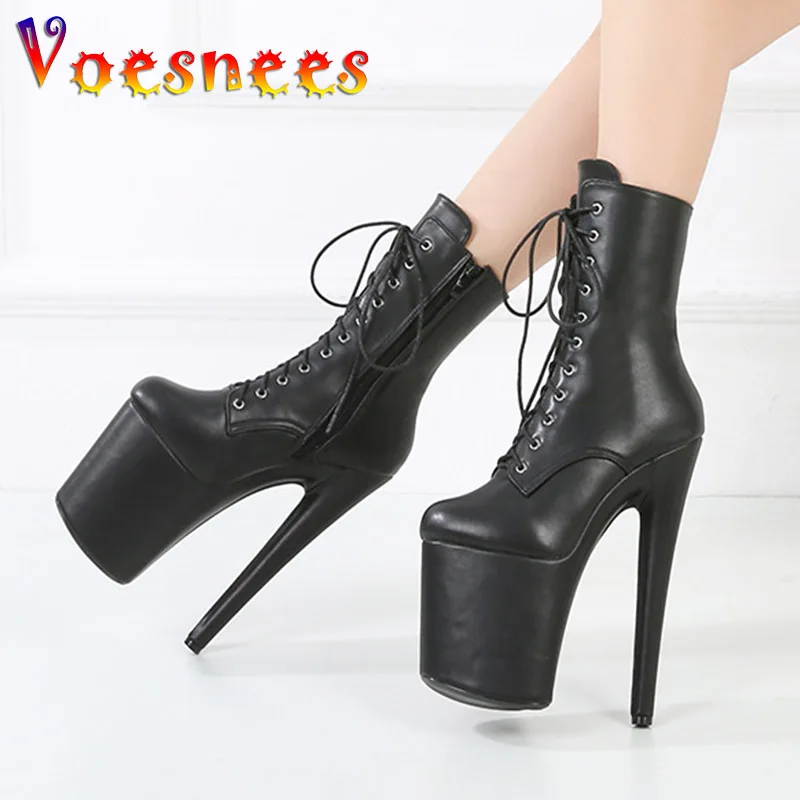 

Женские ботинки со шнуровкой, черные короткие ботинки из искусственной кожи на очень высоком каблуке 20 см, обувь для стриптиза, для ночного клуба и сцены, 8 дюймов