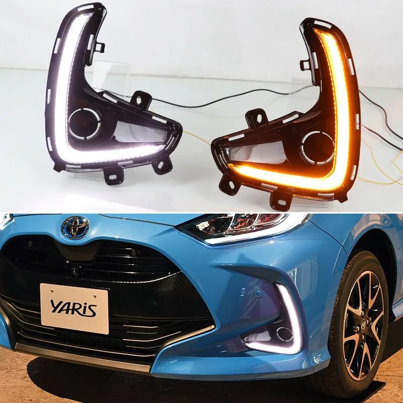 Фото Автомобильные светодиодные DRL 12 В дневные фонари для Toyota Yaris 2020 2021 желтый указатель поворота дневные ходовые фары авто дальние фары противотуманные фары №2
