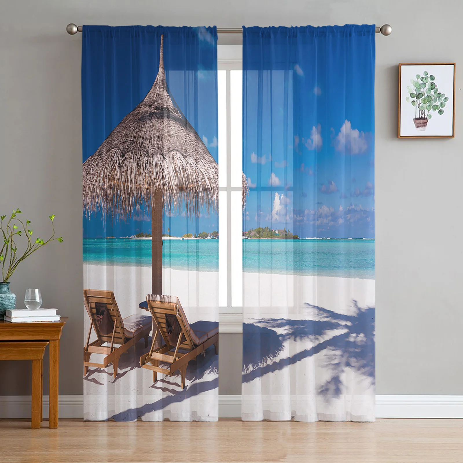 Seaside Scenery White Sand Beach Ocean Tulle Curtains Living Room Bedroom Kitchen Decoration Chiffon Sheer Voile Window Curtains