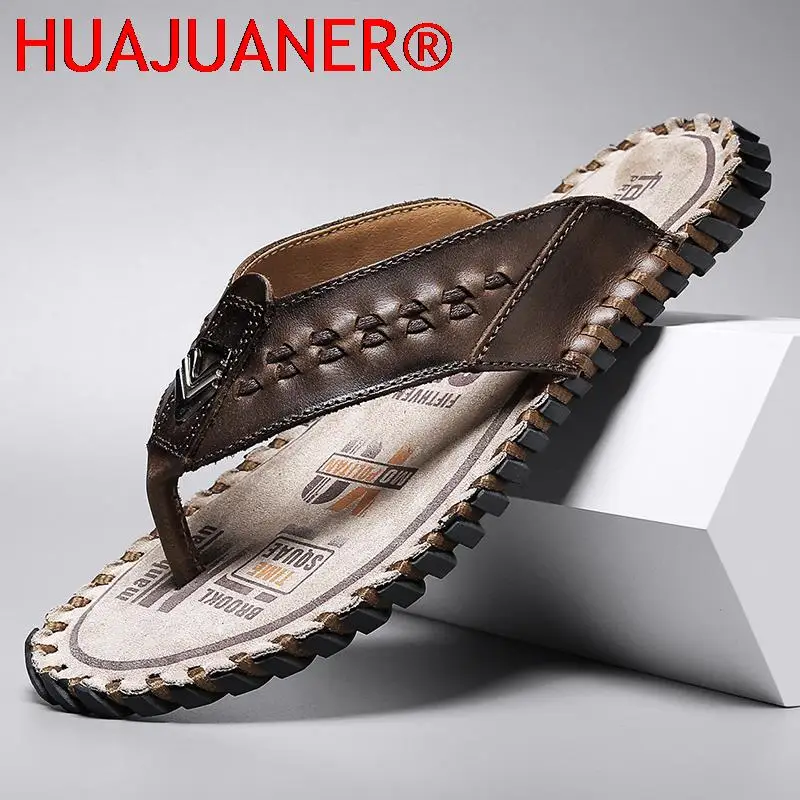 

Luxe Handmade Genuine Leather Slippers Men Summer Luxury Mens Flip Flops Outdoor Slippers Breathable Comfortable Male Flip-Flops