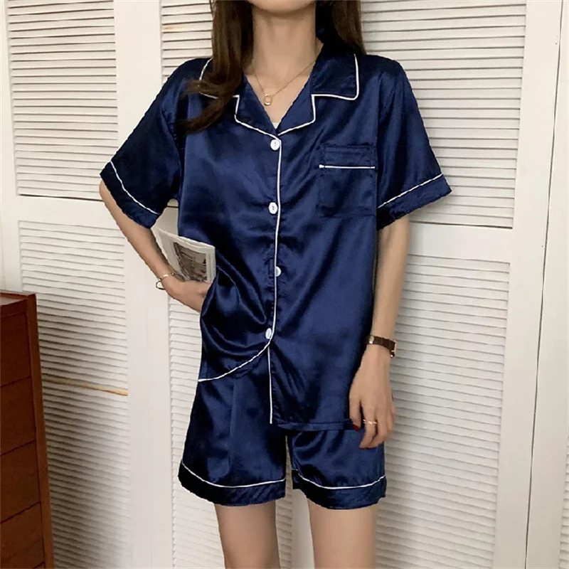 Women Pajamas Sets Summer Sleepwear  Short-Sleeved Ice Silk Night Clothing Cardigan Lapel Simulation Silk Home Service Suit 2022