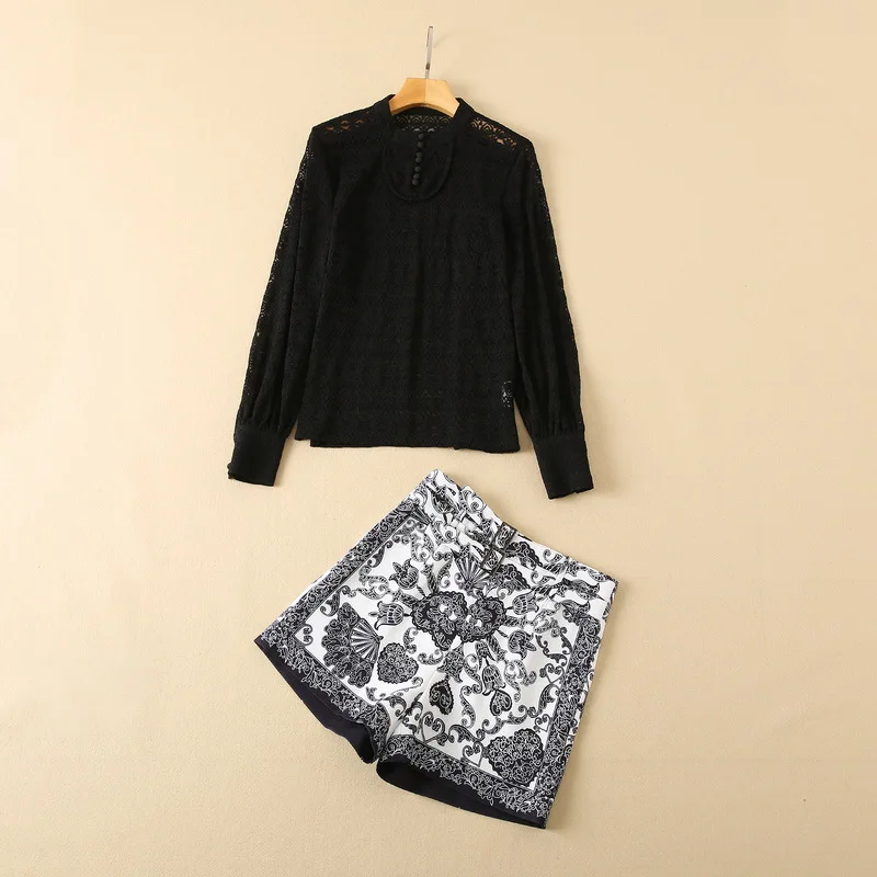 

Новинка, женская одежда в европейском и американском стиле на зиму 2022, кружевная стрейчевая рубашка с длинным рукавом и шорты с принтом, модные костюмы