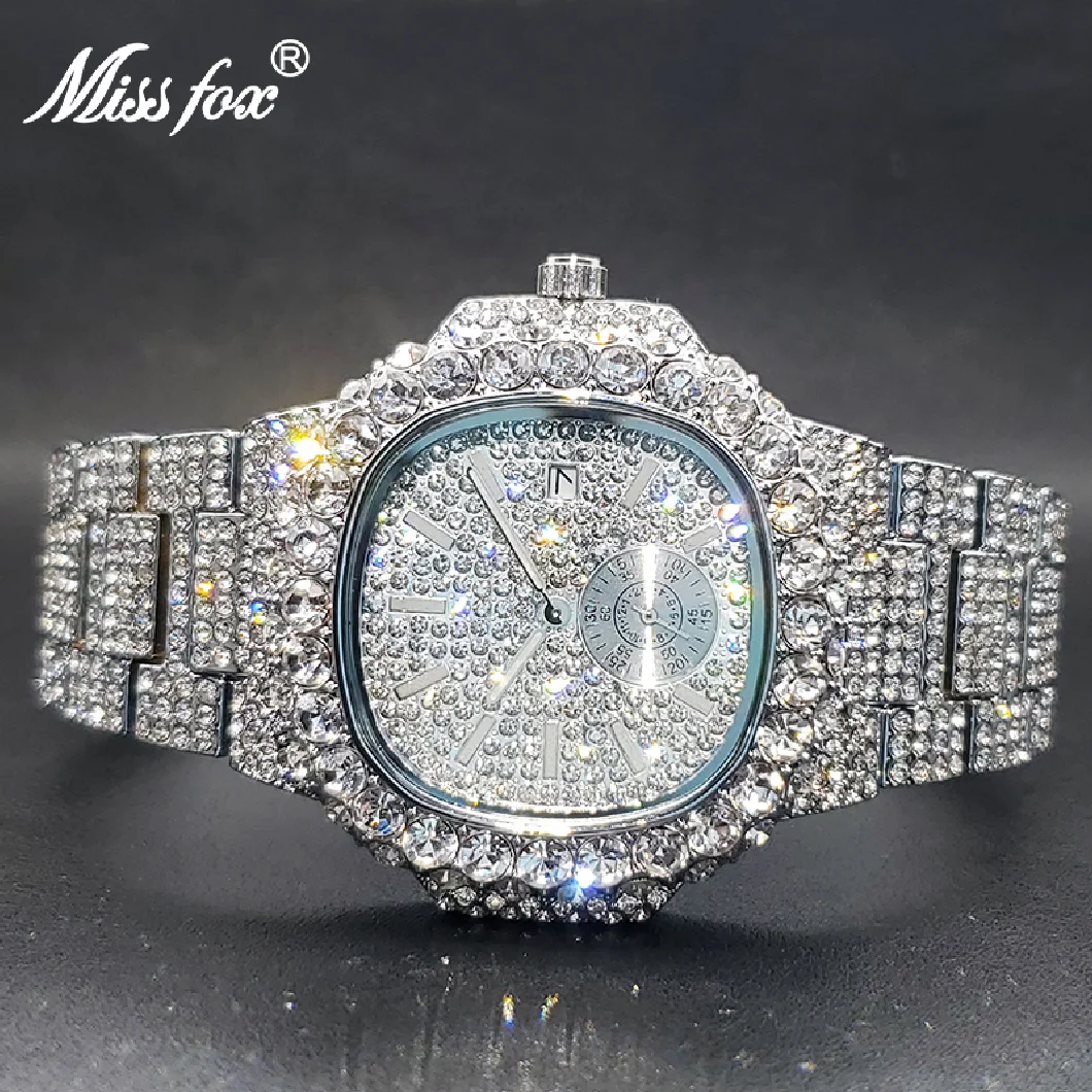 

Men's Watches Luxury Classic Design Full Diamond Square Hand Clock Waterproof Hip Hop Quartz Watch For Men With Free Shipping