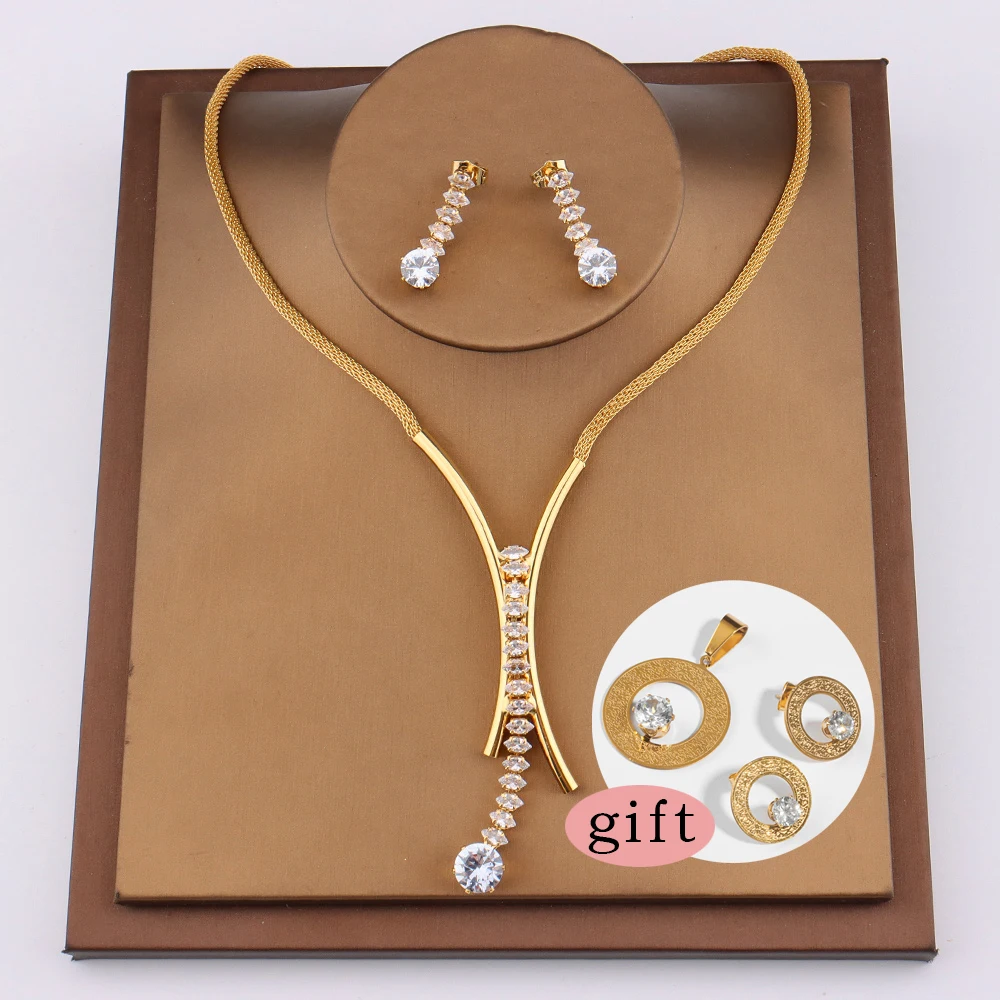 

Gold Plated Necklace Set Women 2022 Dubai Golden Jewelry Sets for Women Pendant Crystal Necklace Sets Women Chain Necklace