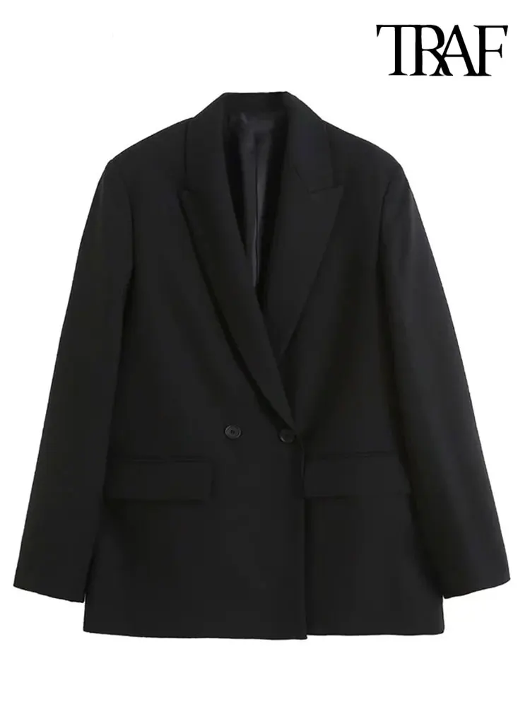 TRAF Women Fashion Double Breasted Loose Fitting Blazer Coat Vintage Long Sleeve Pockets Female Outerwear Chic Veste Femme