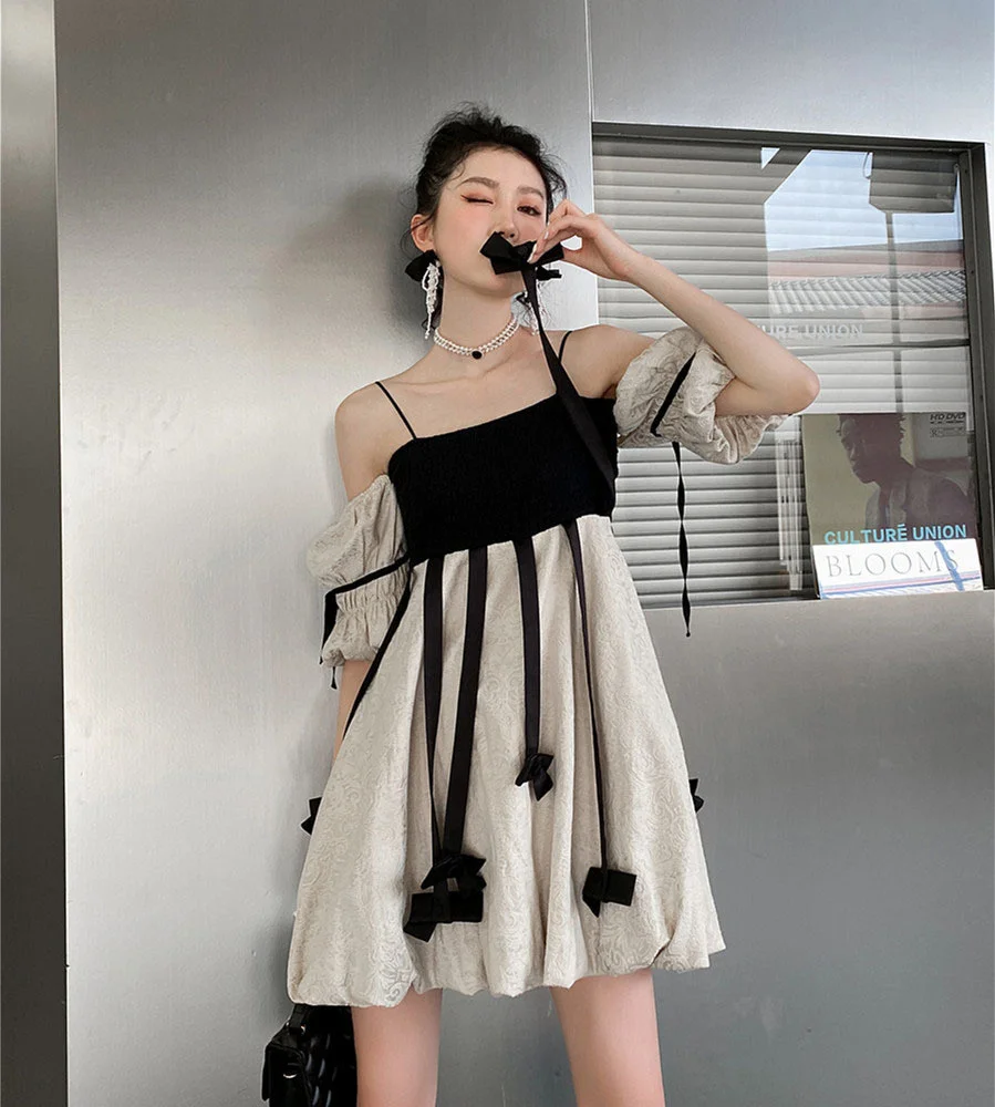 

Retro Romantic Dress 2022 New Women Summer Korean Style Bow Puff Sleeve Suspender Patchwork Dresses Fashion G096