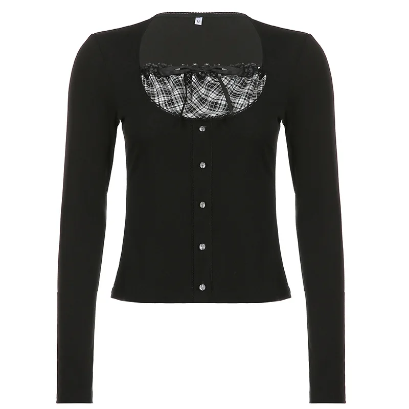 

Black Plaid Print Patchwork Tshirt Chic Women Autumn Vintage Slim Fit Pullovers Tops Y2k Fairycore Grunge Retro Full Sleeve Tees