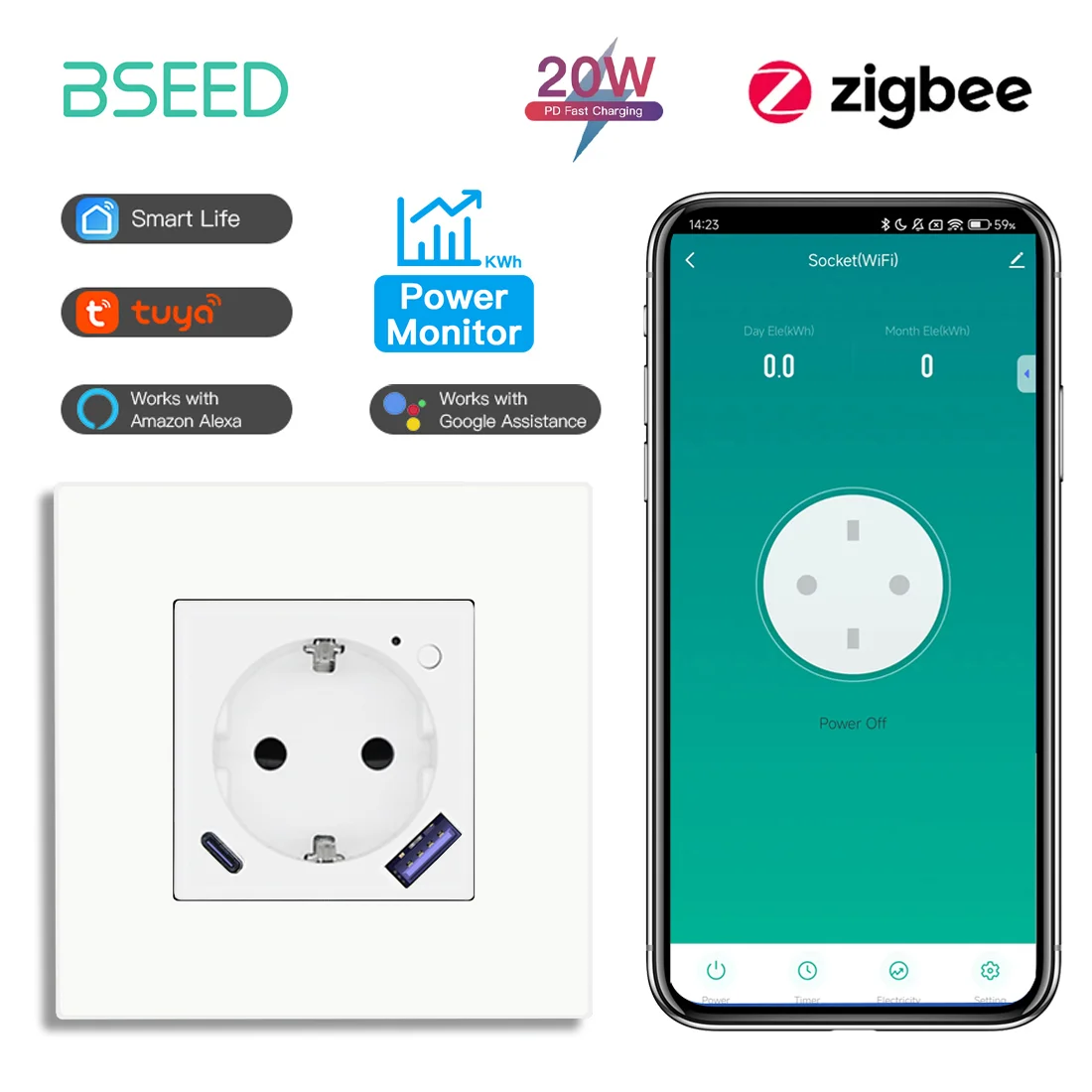 

BSEED Умная розетка Zigbee с USB Type-c, белая
