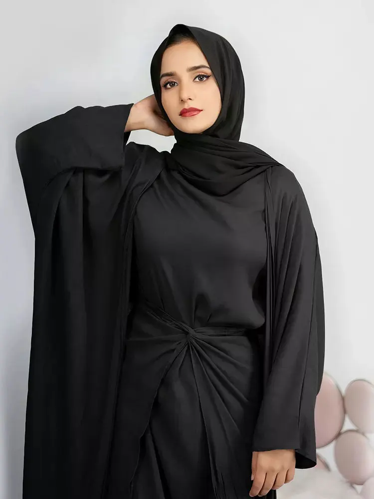3 Piece Abaya Kimono Matching Muslim Sets Linene Open Abayas for Women Dubai Turkey Hijab Dress + Wrap Skirt Islam Modest Outfit images - 6