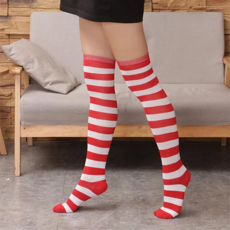 Women Thigh High Over The Knee Socks For Ladies Black White Striped Hosiery Long Cotton Stockings Knitted Warm Soks