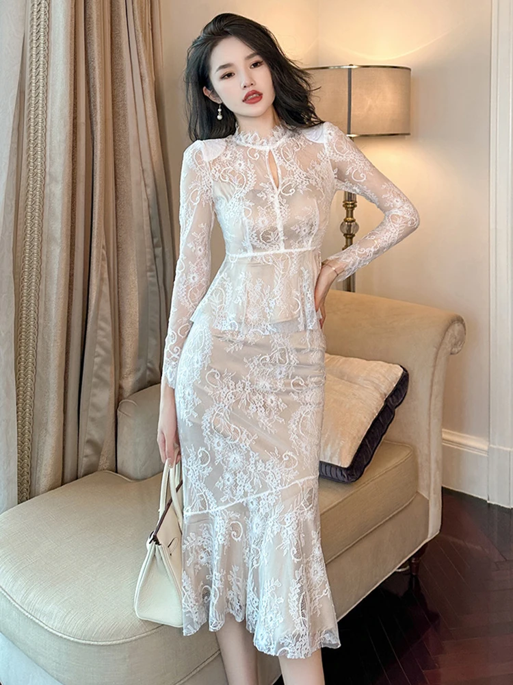 

New Spring Autumn 2 Pieces Outfits Elegant Office Women Sheer Sexy Lace Long Sleeve Tops Shirt Blouse Midi Skirt Mujer Slim Set