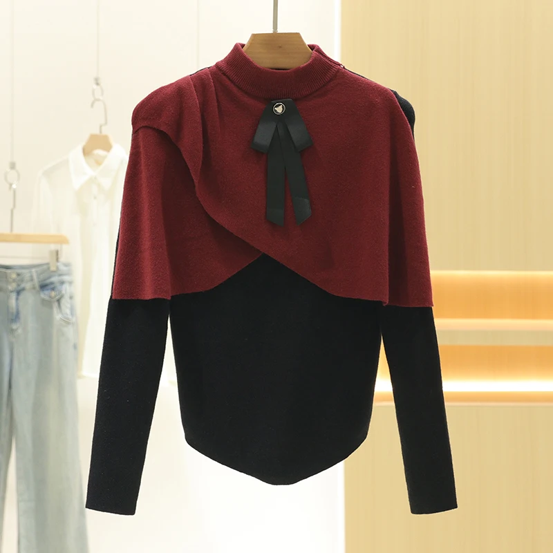 [Sha] Elegant Small Stand Collar Fake Two-Piece Commuter Slimming Long sleeve Knit sweater 24 Winter New Withdraw from Cupboa...