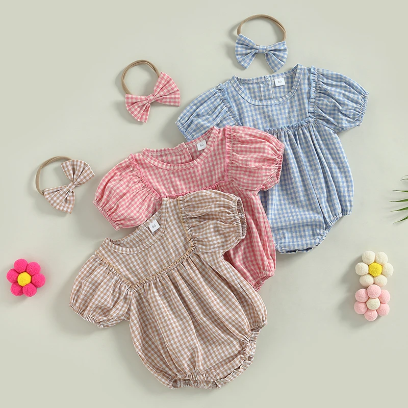 

Летние милые комбинезоны для новорожденных девочек, одежда, короткие комбинезоны принцессы с клетчатым принтом и буфами, комбинезоны с круглым вырезом, повязка на голову, повседневные наряды