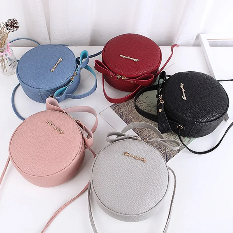 

Small Women Round Handbag PU Leather Women's Solid Color Circular Shoulder Messenger Bags Ladies Purse Female Simple Money Bag