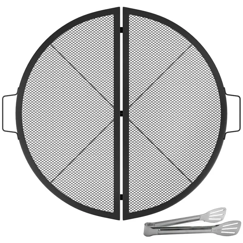

Fire Pit Grate Round Heavy Duty X-Marks BBQ Grill with Portable Handle & Support Wire for Outdoor Campfire Party & Gathering, 30