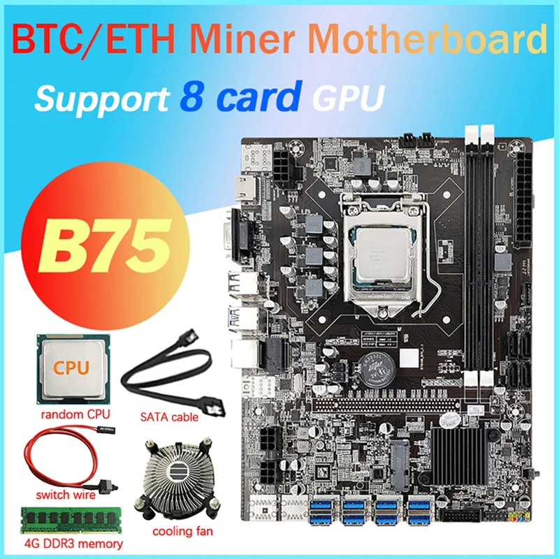 B75 8 Card GPU Mining Motherboard+CPU+CPU Fan+4G DDR3 RAM+SATA Cable+Switch Cable 8X USB3.0(PCIE) LGA1155 DDR3 SATA3.0