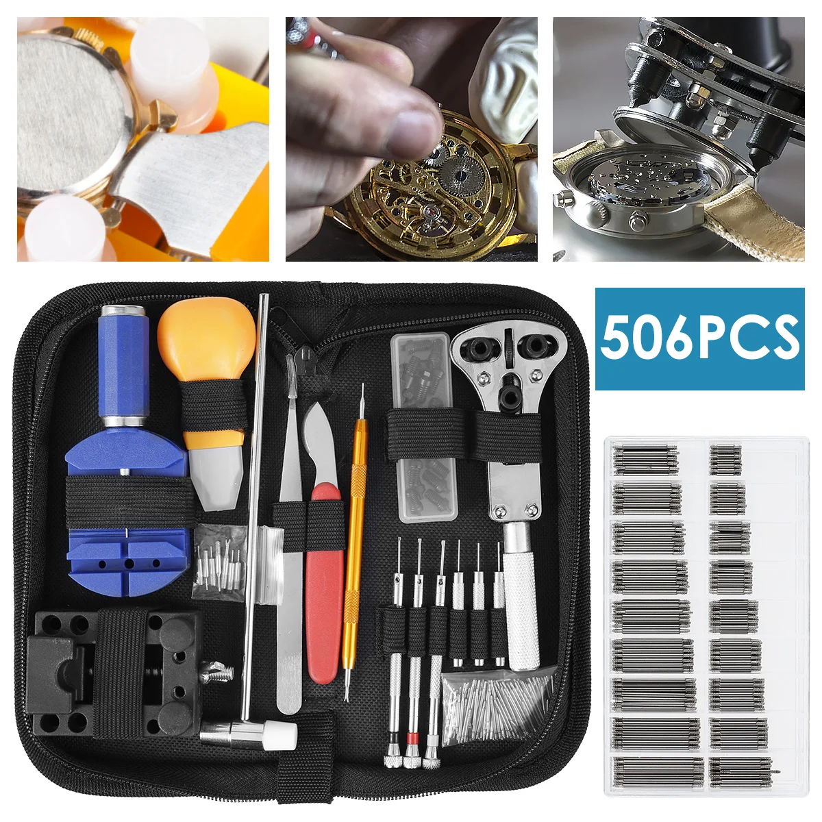 

506Pcs Watch Repair Kit Professional Watch Repair Tools Portable Watch Back Case Opener Remover Manual Spring Bar Tool Set with