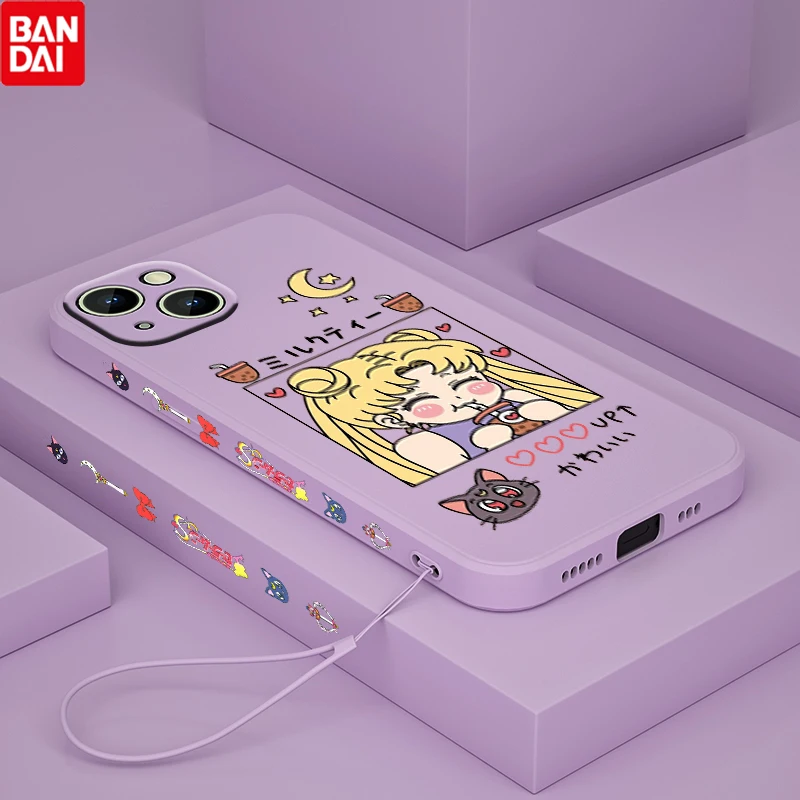 

Cute Girl Sailor Moon For Apple iPhone 13 12 Mini 11 Pro XS MAX XR X 8 7 6S SE Plus Liquid Left Rope Phone Case Coque Cover Capa