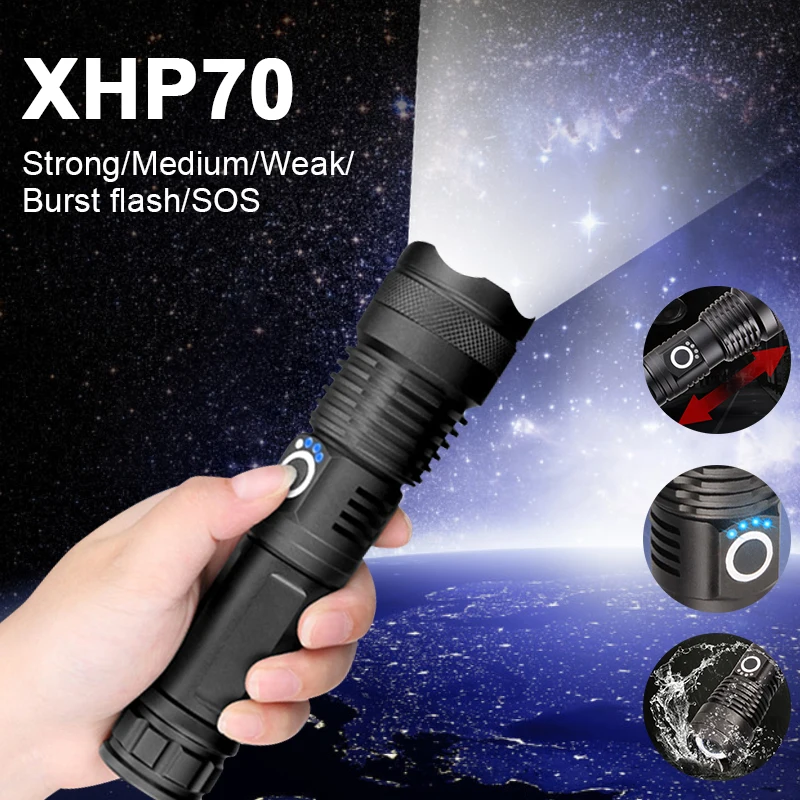 

Фонарик XHP70, мощный светодиодный фонарь с зумом, 5 режимов, перезаряжаемый Тактический светильник ильник для кемпинга, улицы и экстренных случаев