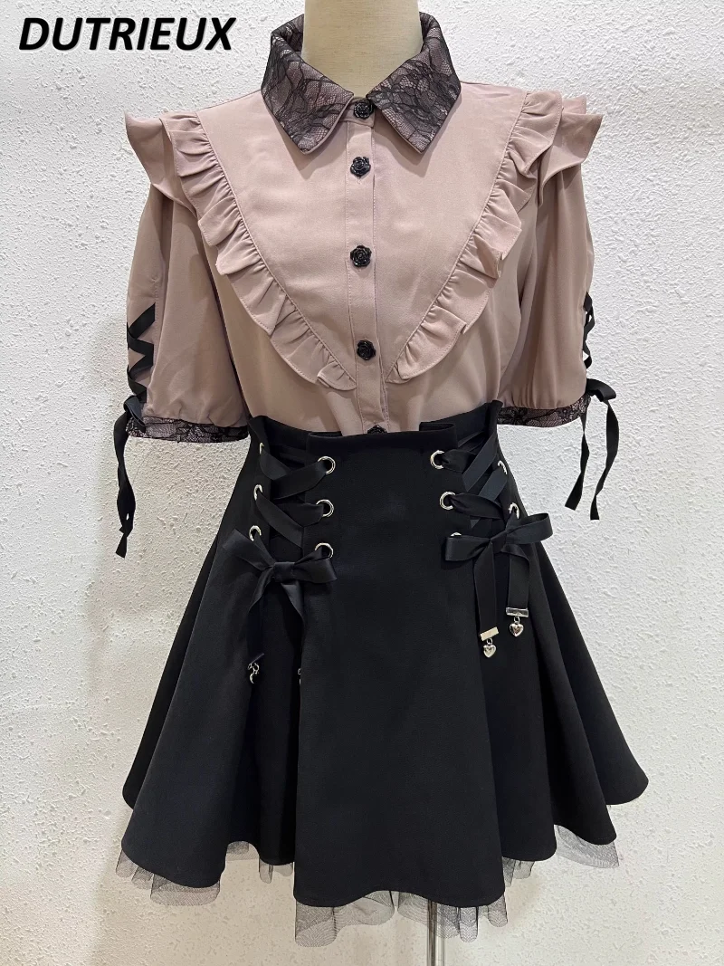 

Rojita Blouses Japanese Style Sweet Lace Bow Shirt Summer Cute Girls Tops Mine Mass-Produced Lapel Short Sleeve Blouse Camisas