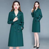 fashion korean autumn women long trench coat double breasted lapel slim green raincoat with belt female outerwear windbreaker