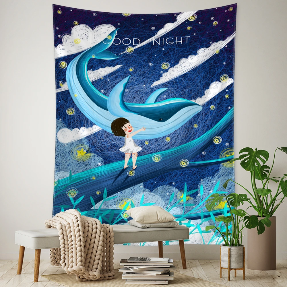 

Cartoon Whale Tapestry Wall Hanging Kawaii Boho Psychedelic Witchcraft Art Aesthetic Room Home Decor