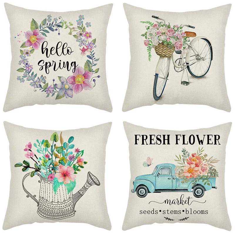

4pcs Spring Flower Pillow Case Sofa Cushion Office Back Pillow Case 18*18 In