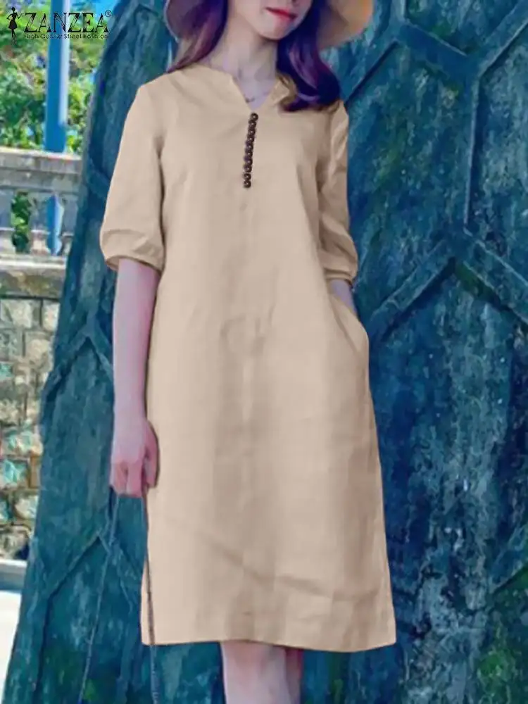 Платье ZANZEA женское средней длины с V-образным вырезом и рукавом до локтя