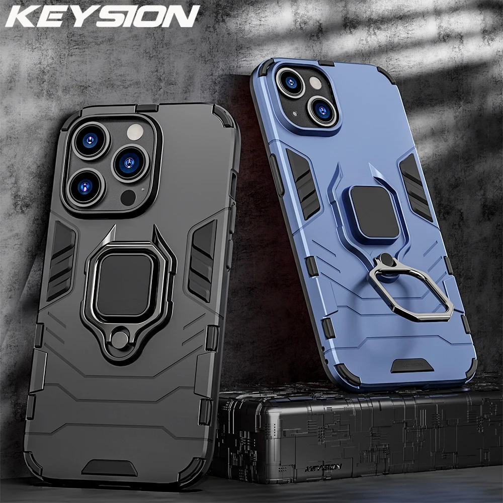 

KEYSION Shockproof Armor Case for iPhone 14 Pro Max 14 Plus 11 12 13 Pro Ring Stand Silicone Phone Back Cover for iPhone SE 2022