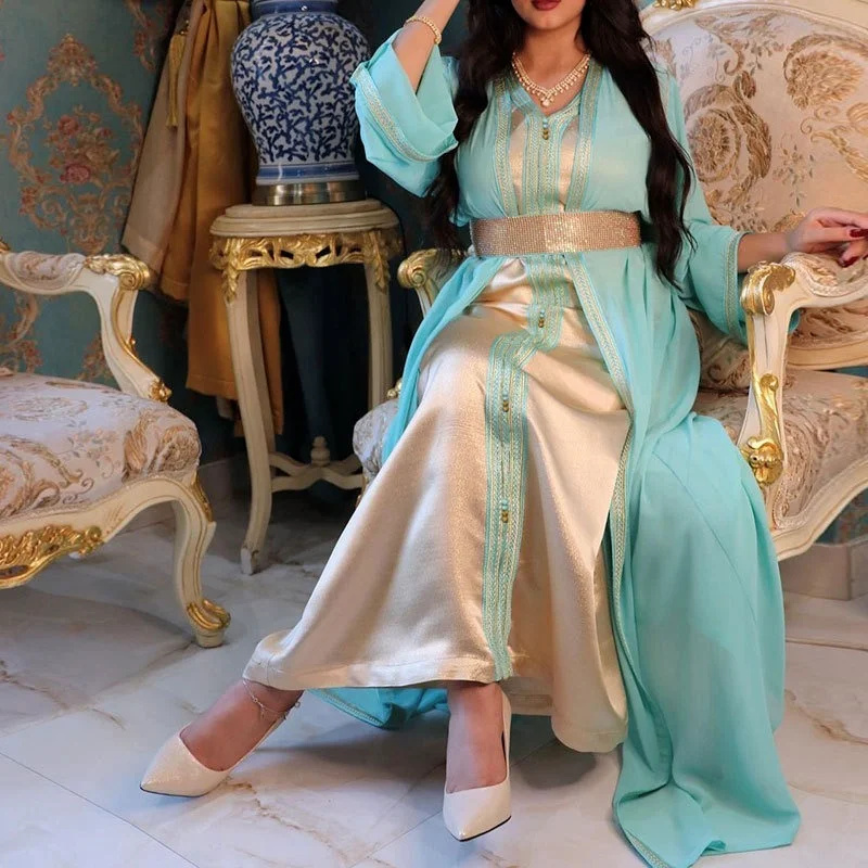 Diamonds Takchita Moroccan Kaftan Jalabiya Women Chiffon Cadigan Satin Inner Dress Dubai Arab Muslim Party Wedding Gown Ramadan