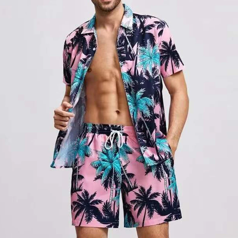 

Summer Fashion Beach Set Men Short Sleeve Lapel Shirts And Drawstring Tie-up Shorts Outfits Mens Clothing Casual Two Piece Suits