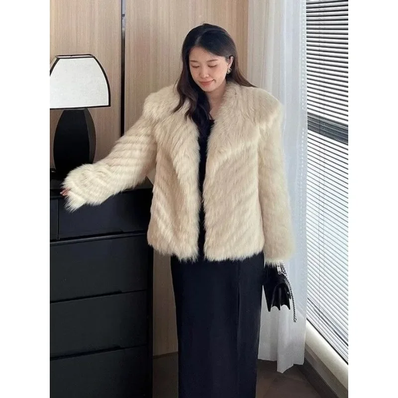 Корейская версия ретро темно-синее пальто с воротником из лисьего меха женское