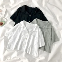 crop top women summer basic shirts korean y2k pocket button up short sleeve polo shirt loose black white tops camisas mujer