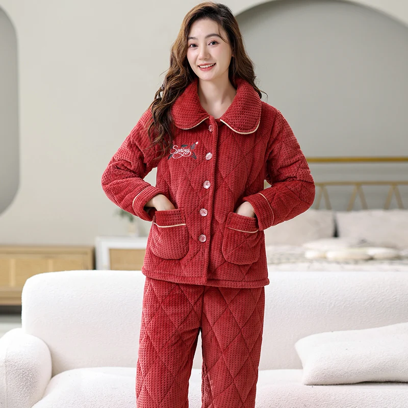 Зимние толстые стеганые Женские Дизайнерские комплекты для сна топы и низ