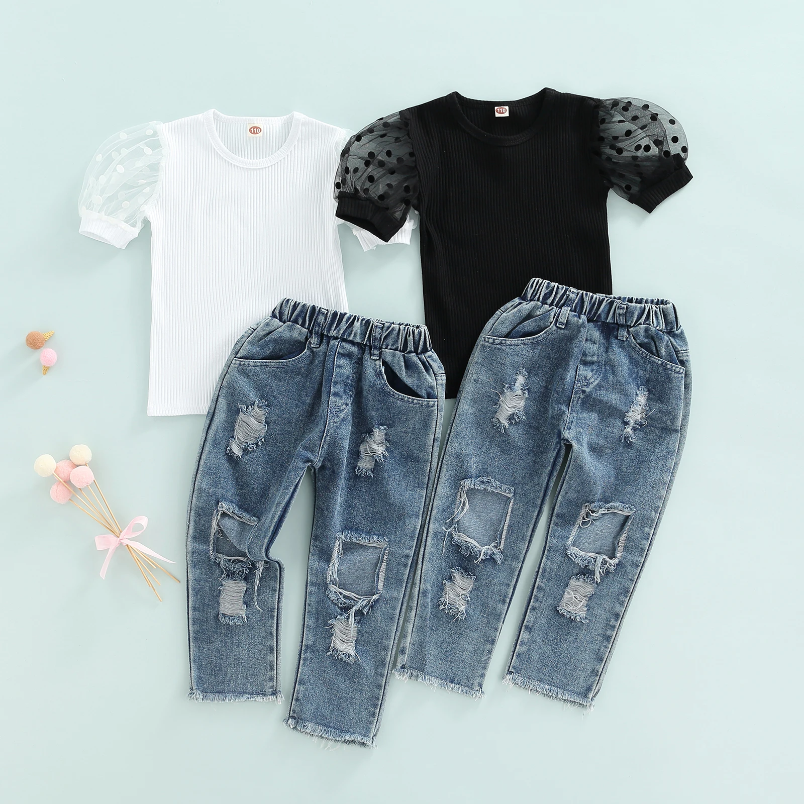 

Комплект летней одежды Lioraitiin для маленьких девочек 1-6 лет, 2022-03-01, 2 шт., кружевной топ с коротким рукавом, рубашка, длинные джинсовые брюки с д...