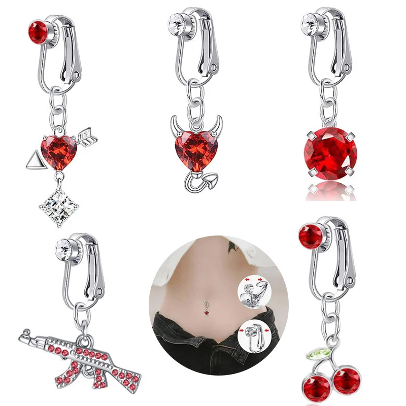 

New Faux Belly Ring Devil Fake Belly Piercing Heart Zircon Clip On Umbilical Navel Fake Piercing Cartilage Earring Fake Clip