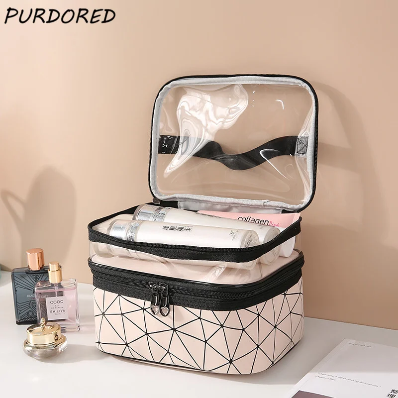 

1 шт., двухслойная большая косметичка с ромбовидным узором, Женская дорожная прозрачная косметичка, сумка на молнии для туалетных принадлеж...